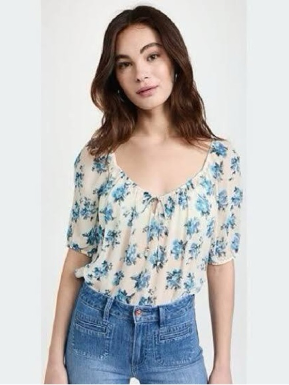 PAIGE Franciscka Floral Puff-Sleeve Blouse with Blue Print Cream